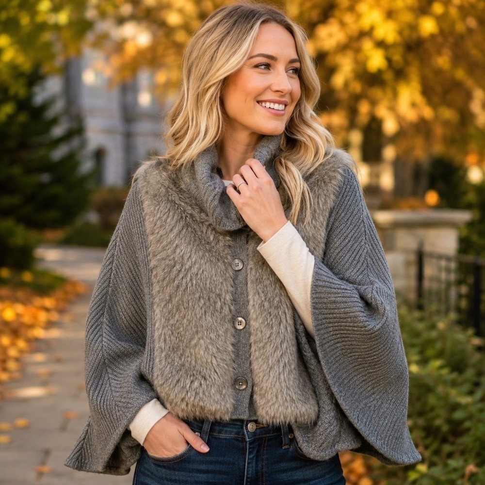 NEW Nordstrom Lamb's Wool Blend Faux Fur Wrap Shawl Cardigan Luxury Chic OS